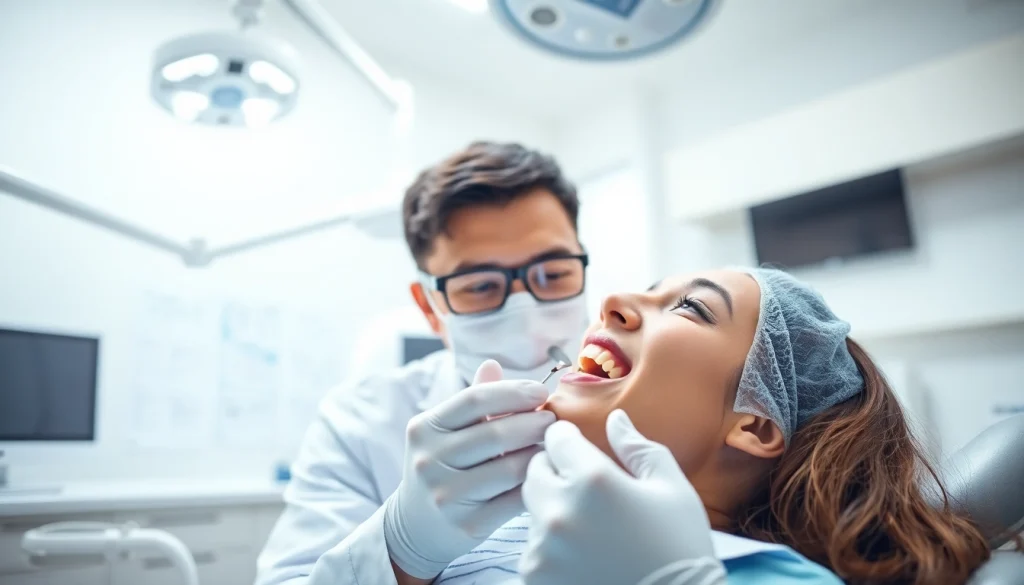 Dentist examining a patient in a modern dental office with high-tech equipment.