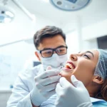 Dentist examining a patient in a modern dental office with high-tech equipment.