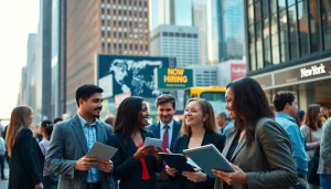 Job seekers networking in New York City highlighting new york jobs opportunities.