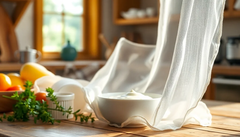 Kaasdoek elegantly draped over a bowl of fresh yogurt, enhancing culinary presentations.