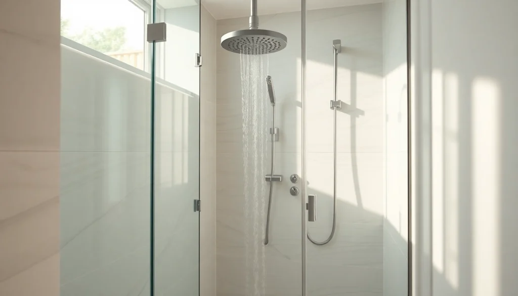 Sonni sanitär GmbH präsentiert hochwertige Duschwände in einem modernen Badezimmerarrangement.