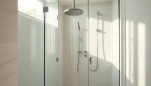 Sonni sanitär GmbH präsentiert hochwertige Duschwände in einem modernen Badezimmerarrangement.