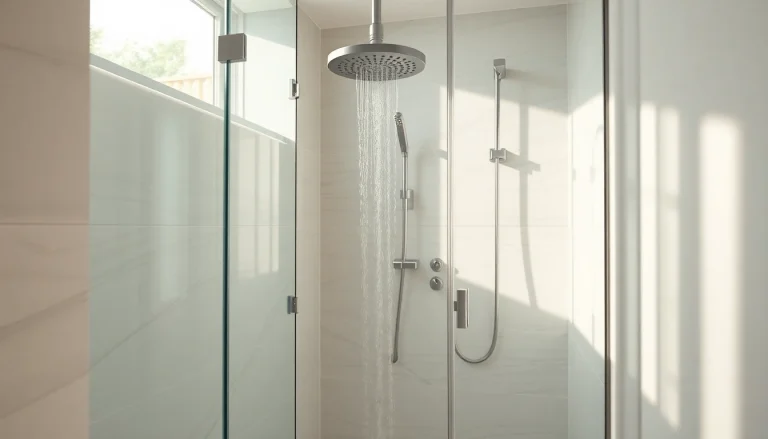 Sonni sanitär GmbH präsentiert hochwertige Duschwände in einem modernen Badezimmerarrangement.