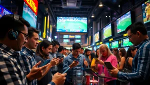 Engaged bettors exploring the best sportsbooks in Mexico in a lively, casino-like atmosphere.