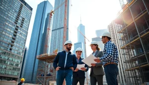 Engaged team of New York City Commercial General Contractor professionals on-site at a bustling construction project.