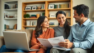 Discuss life insurance options with a family in a cozy living room atmosphere.