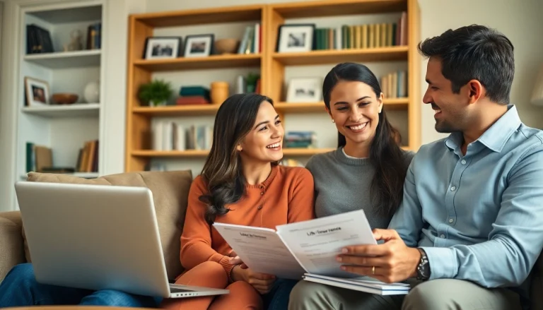 Discuss life insurance options with a family in a cozy living room atmosphere.