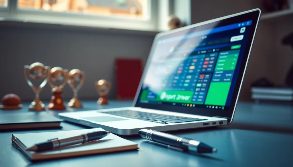 Engaging workspace showing online sportsbooks India on a laptop with sports memorabilia.