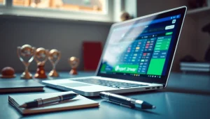 Engaging workspace showing online sportsbooks India on a laptop with sports memorabilia.