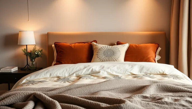 Cuscini per letto decorativi disposti su un letto elegante, creando un ambiente confortevole e accogliente.