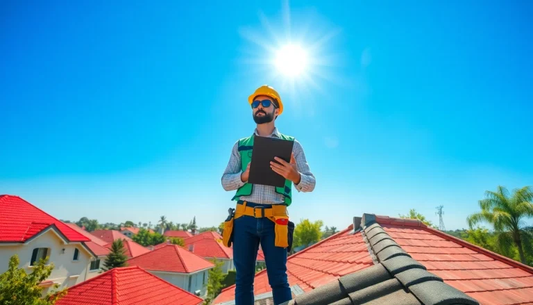 Showcasing Professional roofing services with a contractor inspecting rooftops in a vibrant neighborhood.