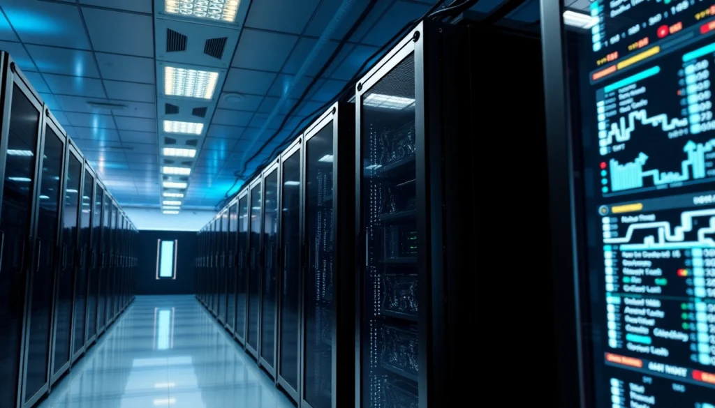 Visual representation of top cloud mining technology in a modern data center with advanced mining rigs and digital interfaces.