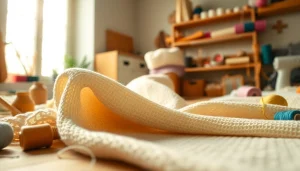 Katoen stof in een creatieve werkruimte met kleurrijke garens en naaigereedschap.