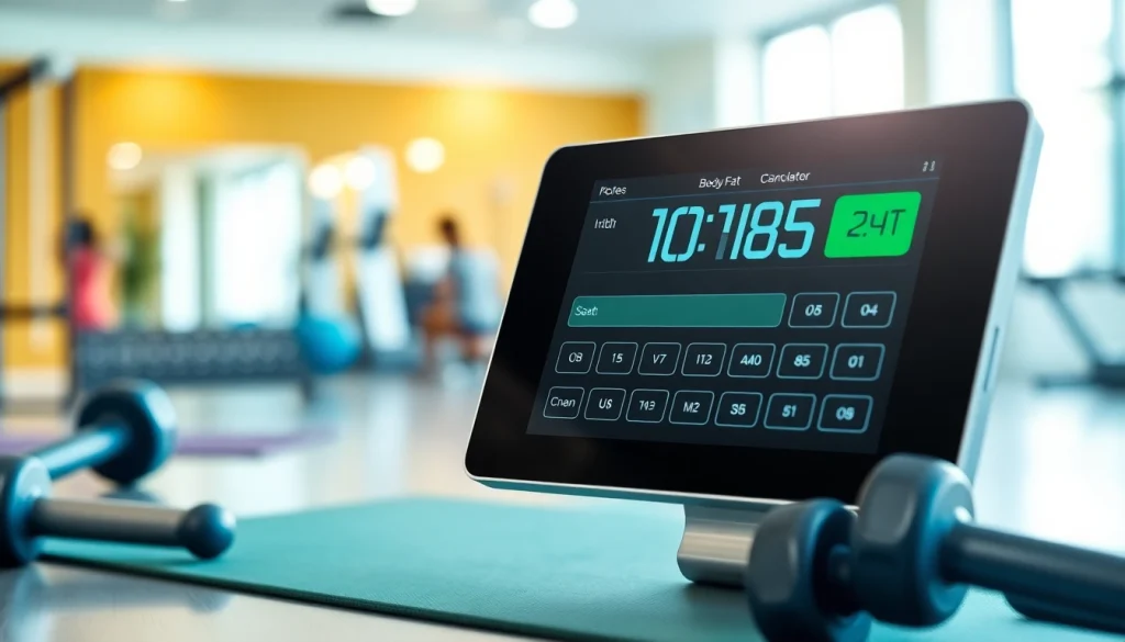 Calculate body fat percentage calculator with a sleek digital display in a fitness environment.