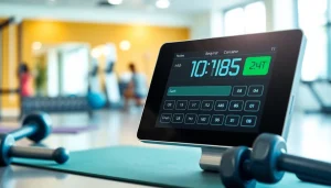 Calculate body fat percentage calculator with a sleek digital display in a fitness environment.