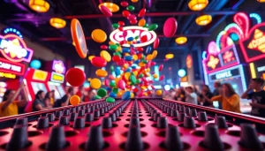 Mainkan demo plinko di permainan arcade dengan disk berwarna yang jatuh melalui pin.