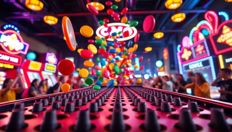 Mainkan demo plinko di permainan arcade dengan disk berwarna yang jatuh melalui pin.