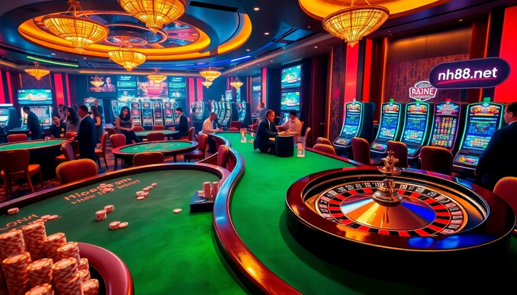 Experience the thrill of gaming at nh88vn.net, showcasing vibrant casino tables and lively players.
