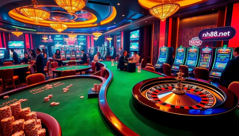 Experience the thrill of gaming at nh88vn.net, showcasing vibrant casino tables and lively players.