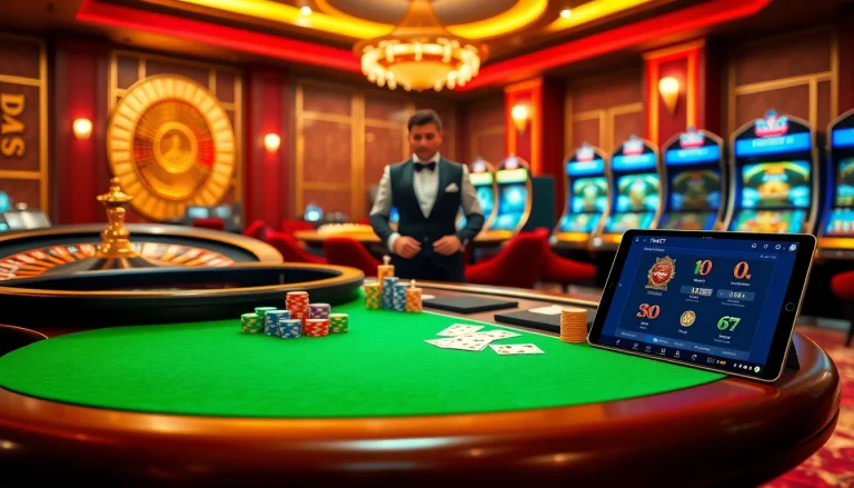 Betting action at THABET casino featuring poker, roulette, and vibrant slot machines.