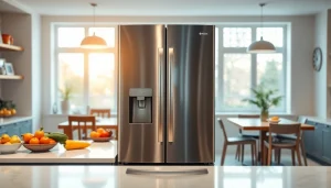 Modern stainless steel refrigerator adorned with fresh produce, showcasing kitchen elegance.