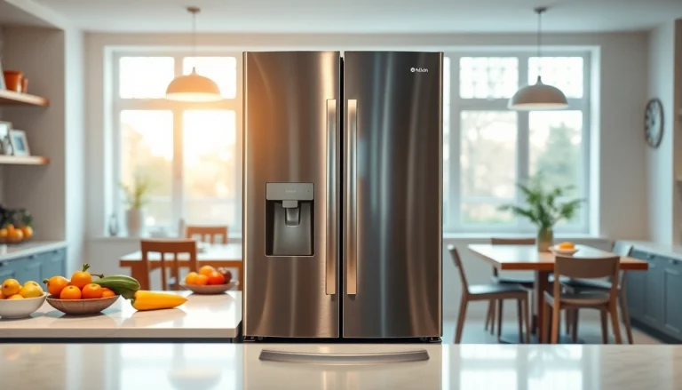 Modern stainless steel refrigerator adorned with fresh produce, showcasing kitchen elegance.