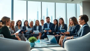 Business Consultants in Dubai collaborating in a modern office space with skyline views.