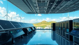 Visual representation of renewable energy cloud mining facility highlighting dogecoin cloud mining profit.