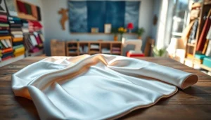 Satijn stof met een glanzend oppervlak op een houten tafel in een naaiatelier.