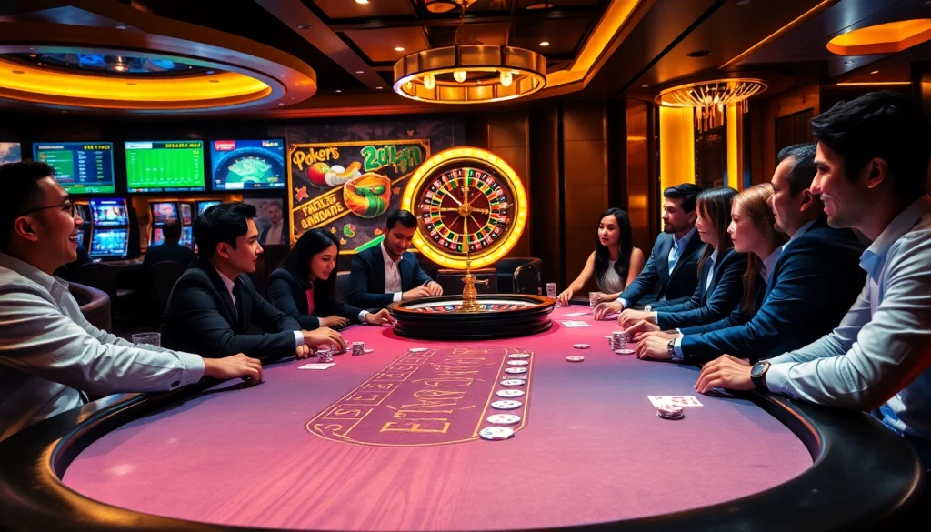 Gambling at THABET with vibrant poker games and dice on a luxurious casino table.