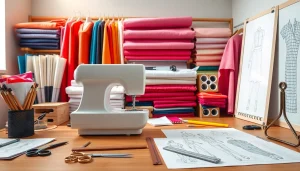 Best fashion tools displayed in a designer's workspace with sewing machine, swatches, and drafting tools.