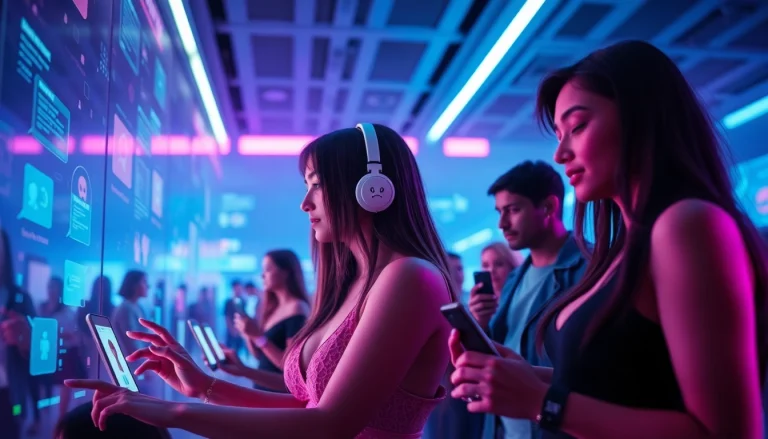 Engaging visual representation of sex chat AI with vibrant, futuristic characters conversing on digital screens.