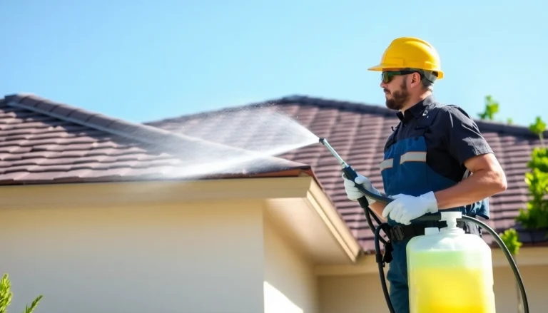 Roof cleaning in Kissimmee, FL with professional using soft wash techniques.
