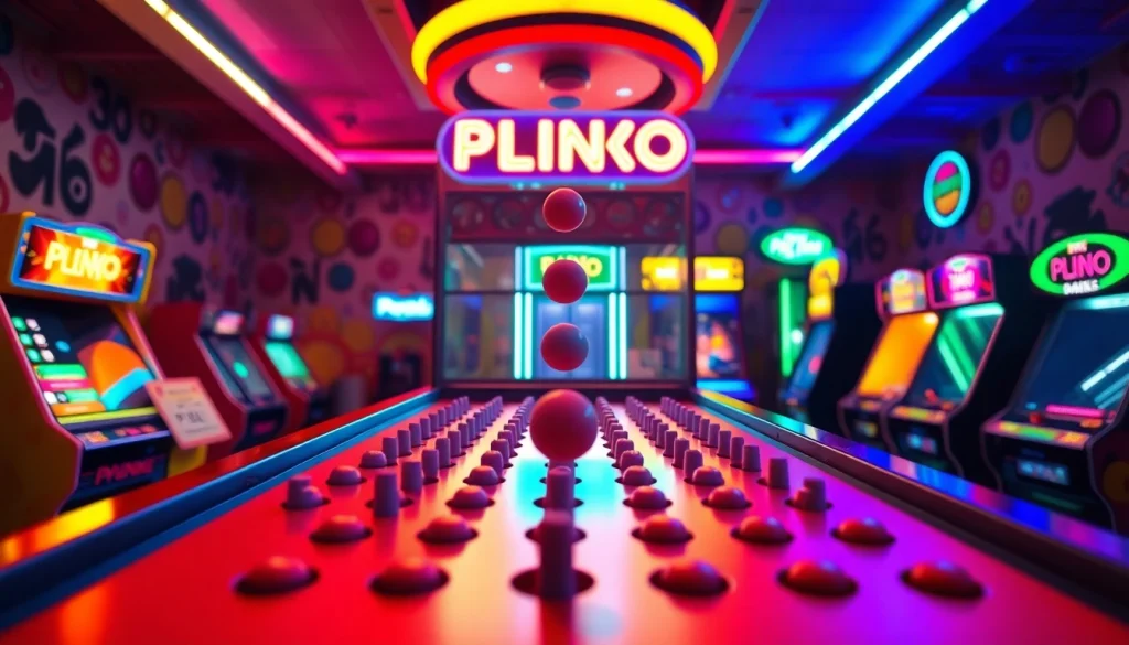 Uji coba plinko demo di arena permainan dengan bola berjatuhan di papan.