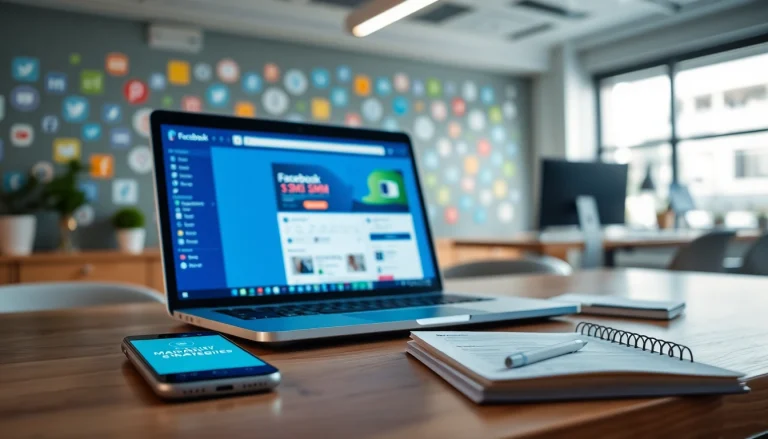 Showcasing a Facebook SMM panel setup, emphasizing digital marketing tools and a vibrant workspace.