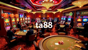 Experience high-stakes gaming at ta88, featuring vibrant casino tables, poker chips, and slot machines.