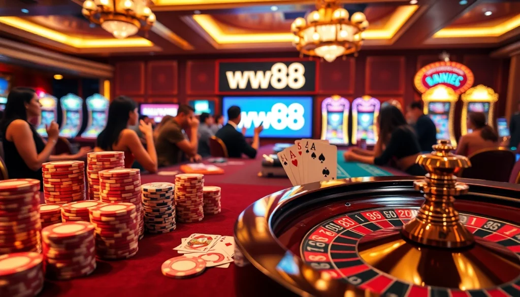 Experience excitement at ww88 with a vibrant casino scene of poker chips, roulette, and joyful players.