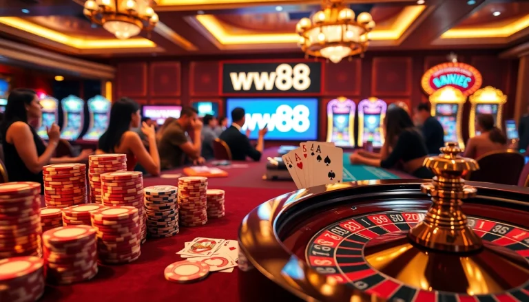 Experience excitement at ww88 with a vibrant casino scene of poker chips, roulette, and joyful players.
