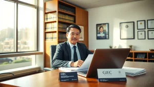 Immigration lawyer in Perth professionally consulting clients in a modern office.