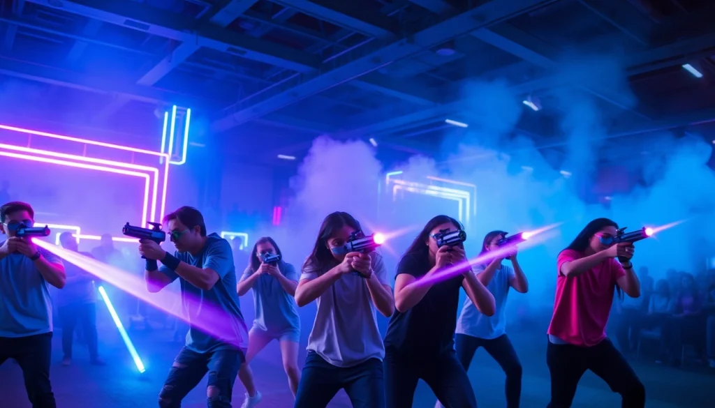 Exciting laser tag players immersed in a vibrant arena with dynamic lighting.