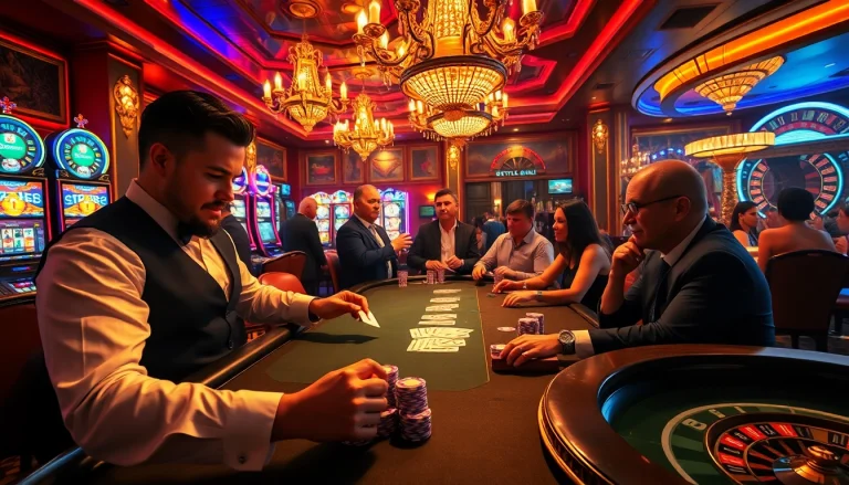 B52 Club poker players strategizing at a casino table amidst vibrant slot machines.