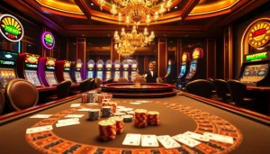 Engage in a thrilling gambling experience at 789P with luxurious poker tables and vibrant casino visuals.