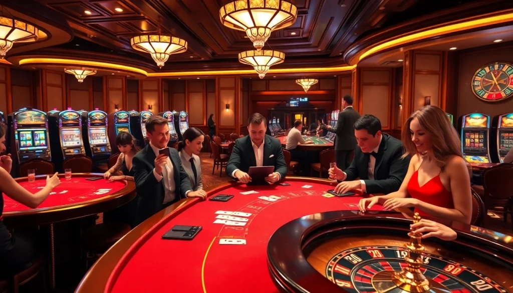 Experience the excitement at good88 casino with players enjoying poker and roulette in a luxurious setting.
