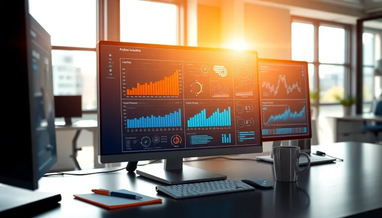 Showcasing AI Software analysis on a professional workspace with dynamic data visuals.