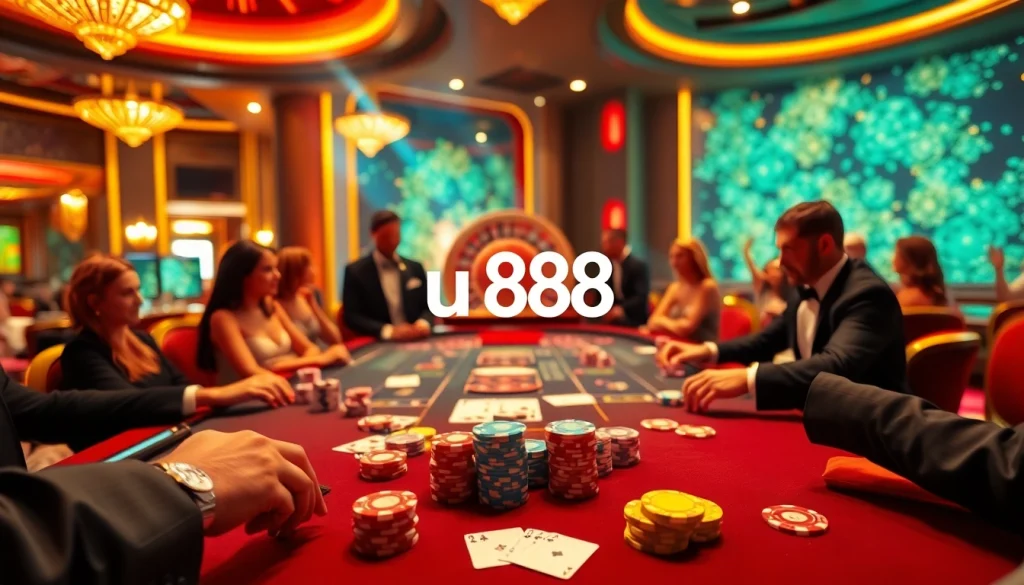 Players enjoying a high-stakes poker game at u 888 casino with vibrant ambiance and excitement.
