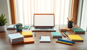 Individualiai sukurti bloknotai su spauda išdėstyti ant šiuolaikinio biuro stalo, demonstruojant kūrybiškumą ir profesionalumą.