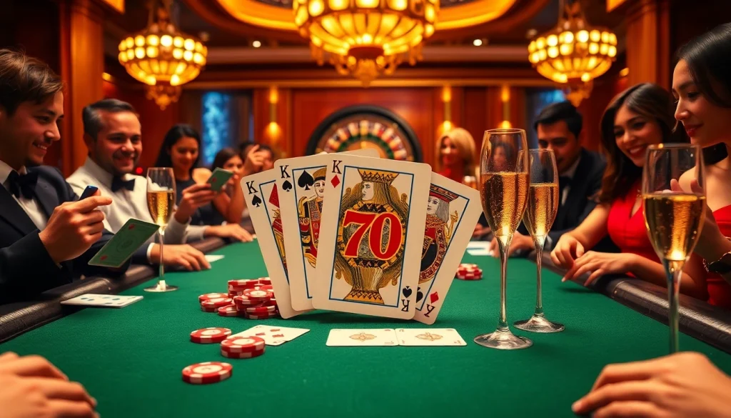 Engaged players at a poker table with 79 king cards, vibrant chips, and roulette wheels.