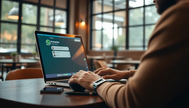 在舒适的咖啡店里，某人使用笔记本电脑上的 WhatsApp Web 的生动场景。
