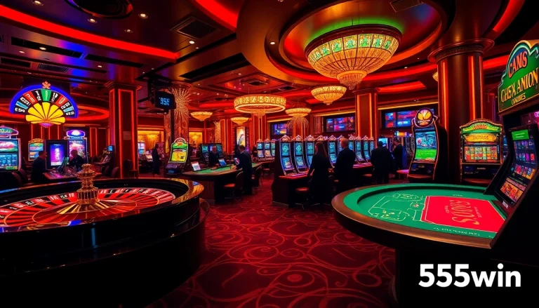 Experience the excitement of 555win at an upscale casino featuring spirited gameplay on roulette and slot machines.