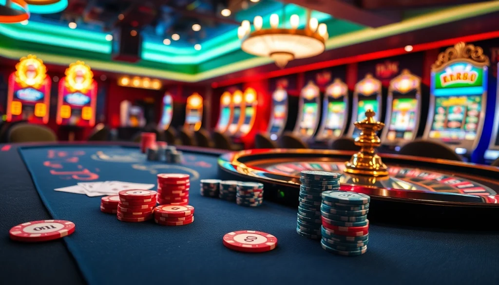Experience the thrill of RR88 at a luxurious casino with poker tables, roulette, and excited players.
